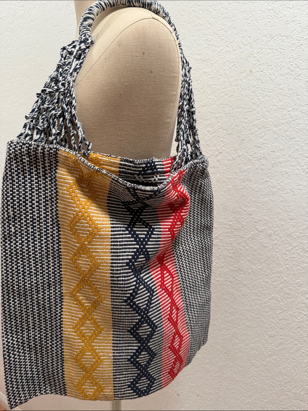 Striped Woven Tote Bag in Yellow, Navy & Red